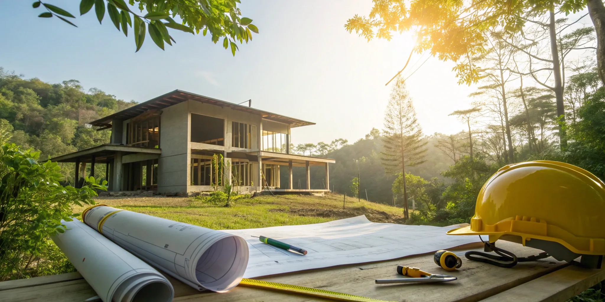 Blueprints and a hard hat on site during the all-in-one home building process.