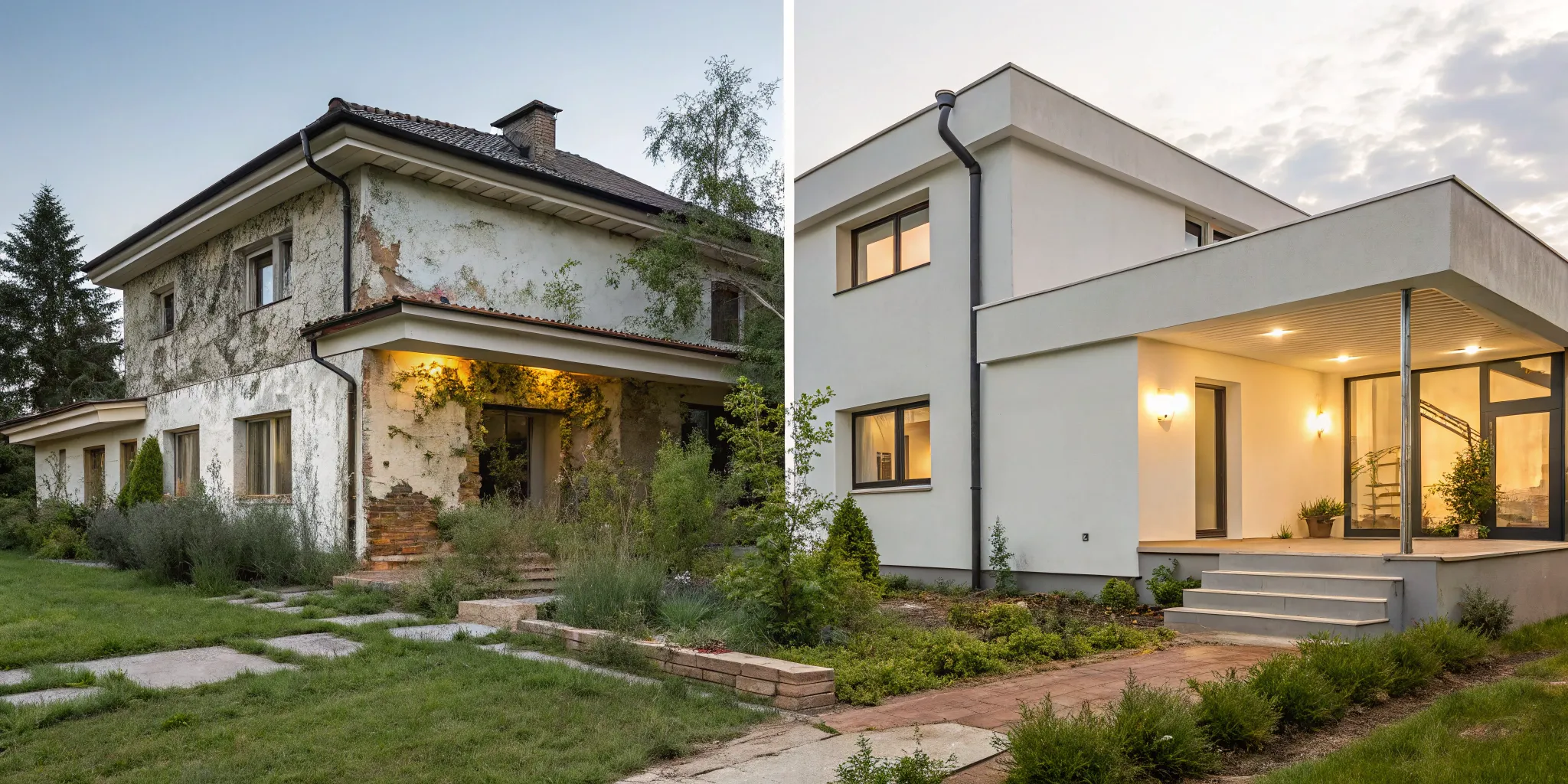 Home exterior renovation before and after with new siding, windows, and landscaping.