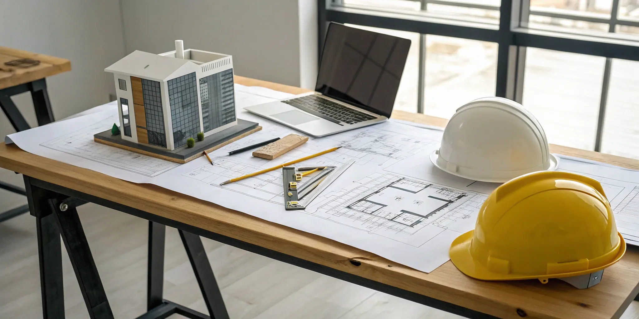 Architectural model and blueprints on a desk, weighing design build vs architect and contractor options.