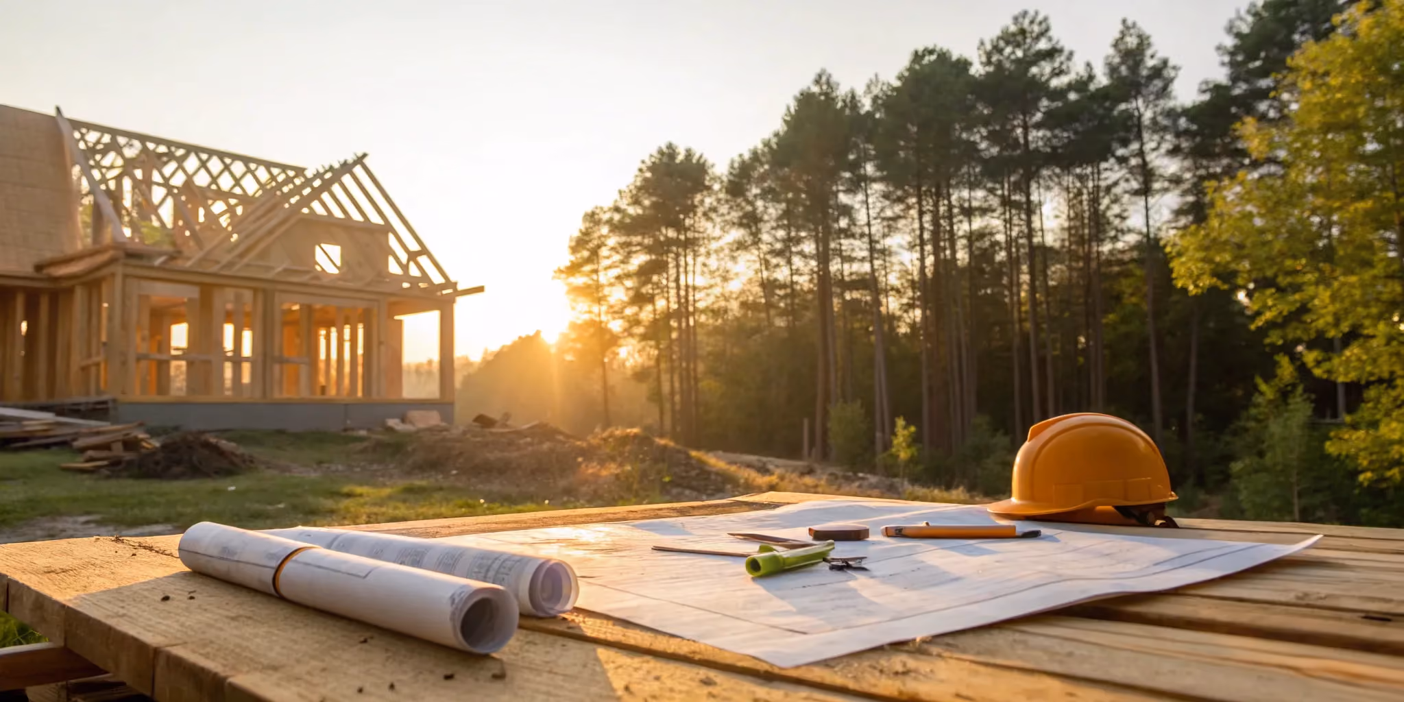 An architect's blueprints and tools for a custom home project.