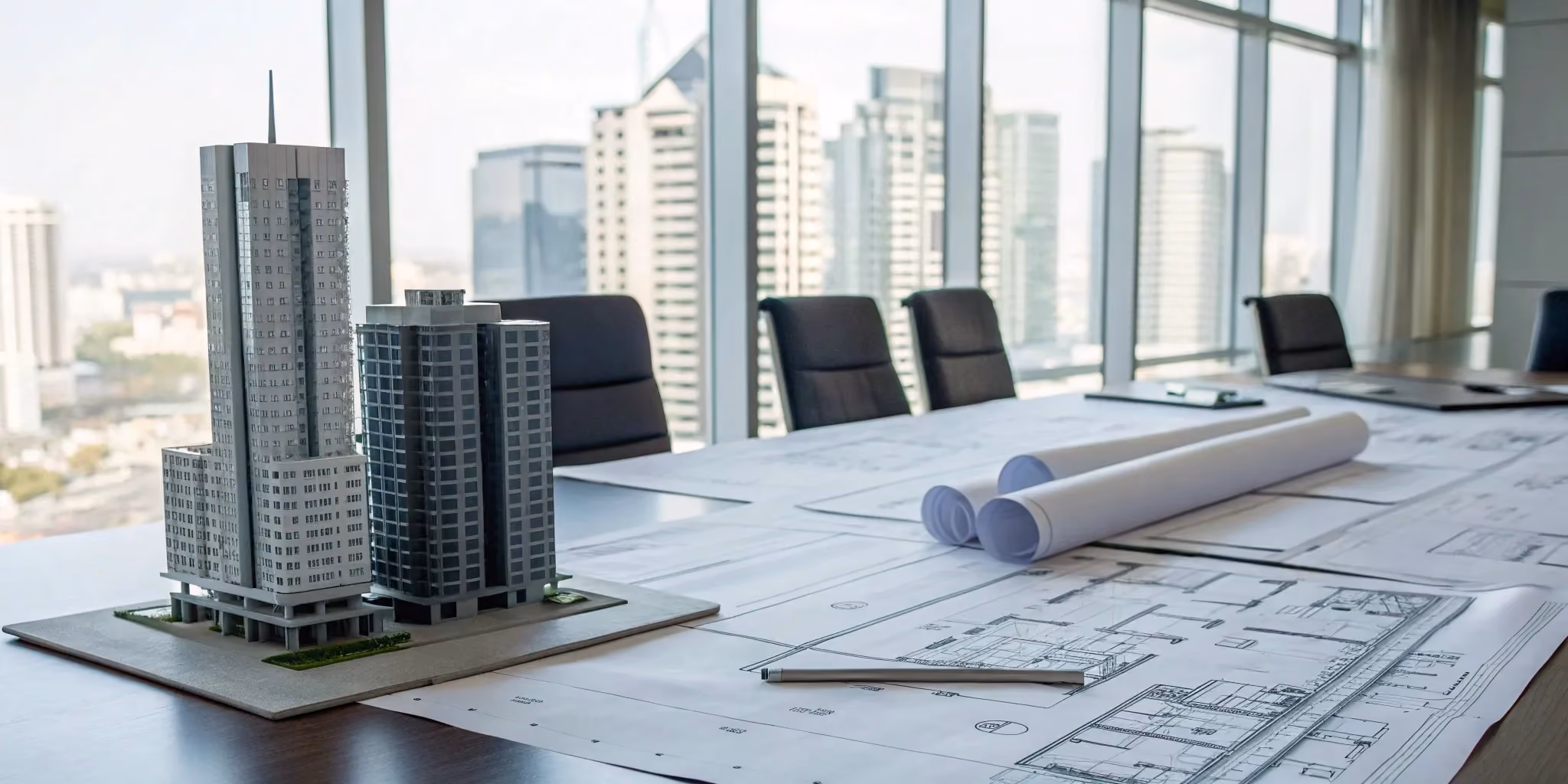 An owner's representative plans a construction project with blueprints and an architectural model.