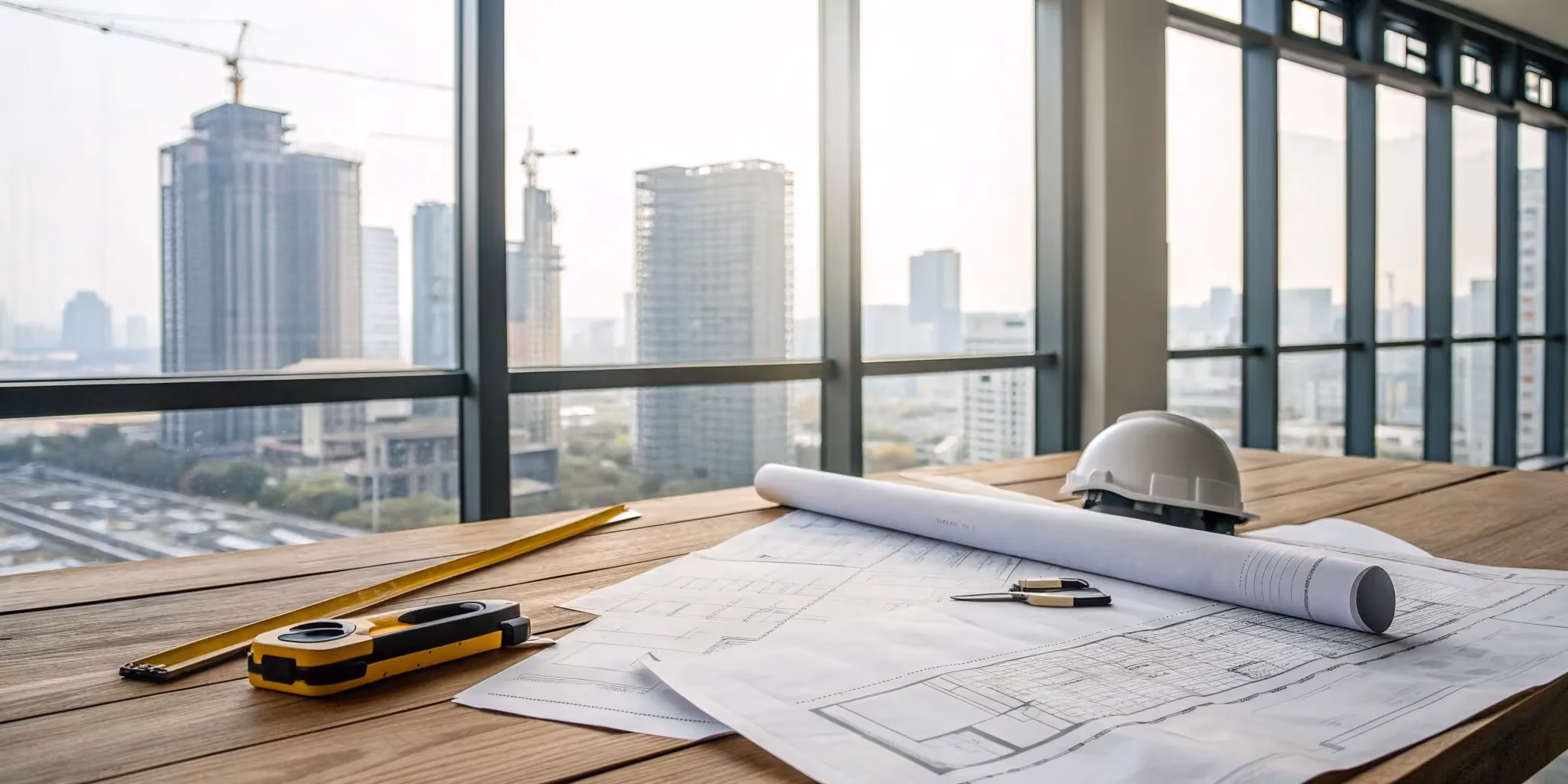 Desk at an architect and builder firm with blueprints, a hard hat, and tools.