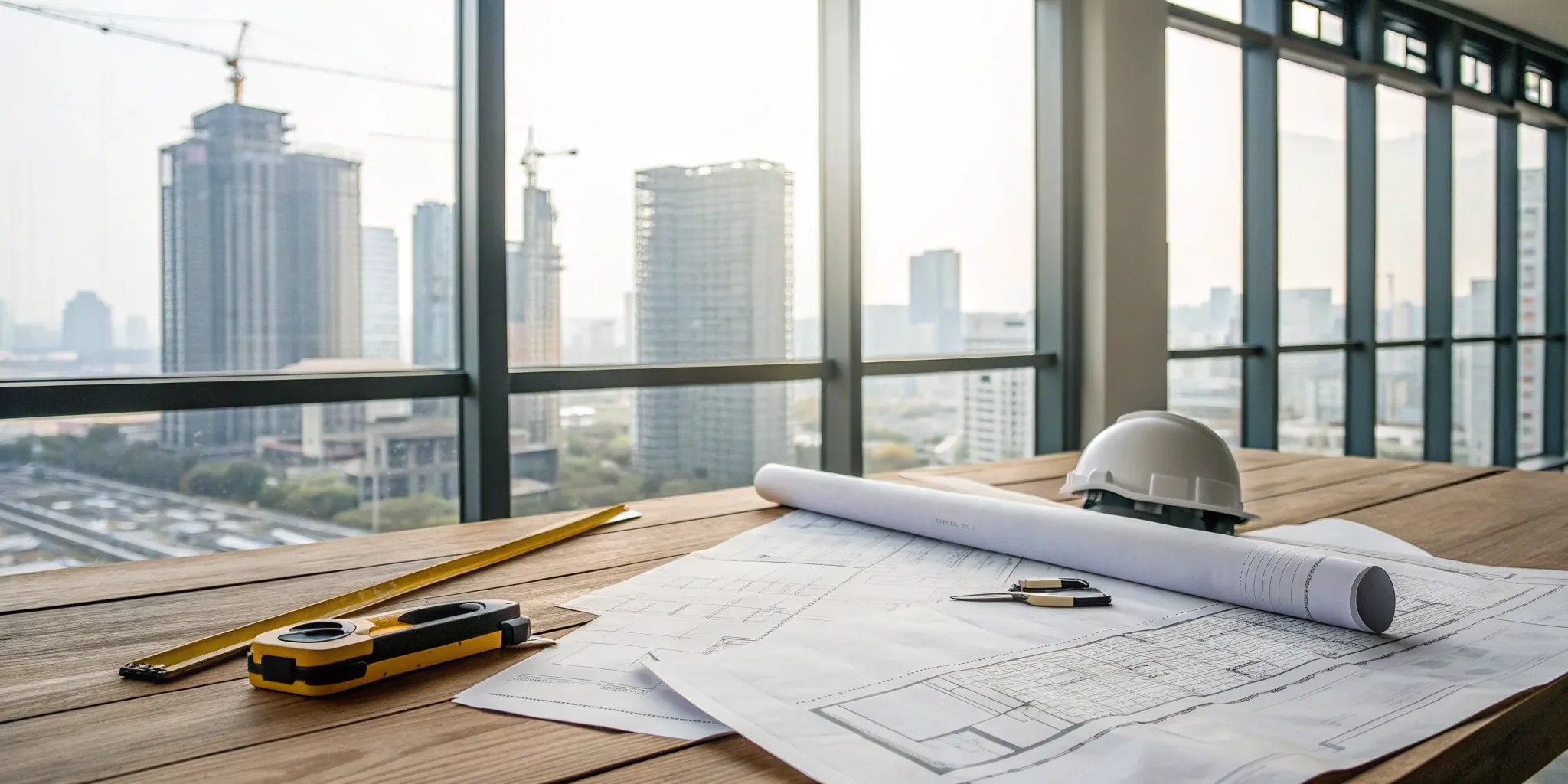 Desk at an architect and builder firm with blueprints, a hard hat, and tools.