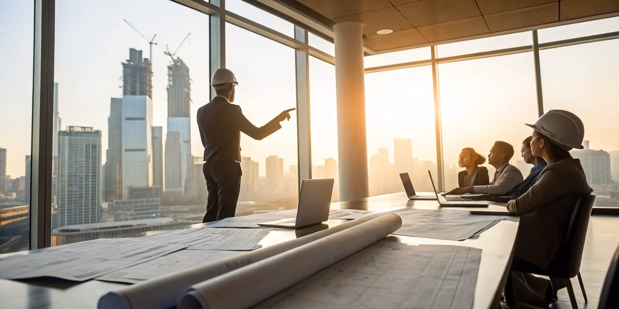 An owner's agent for construction meets with a project team to review building plans.