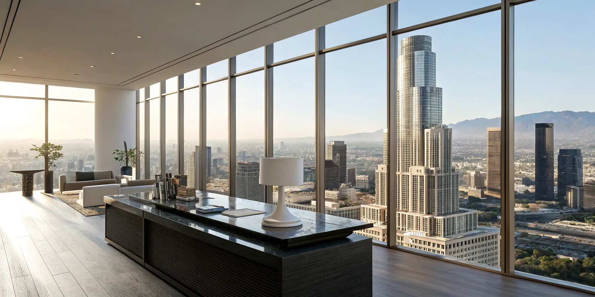 Modern office with panoramic city views built with integrated design and construction services.