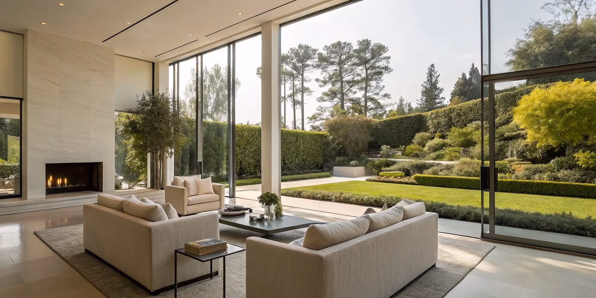 Modern luxury living room with garden views, the work of expert residential architects.