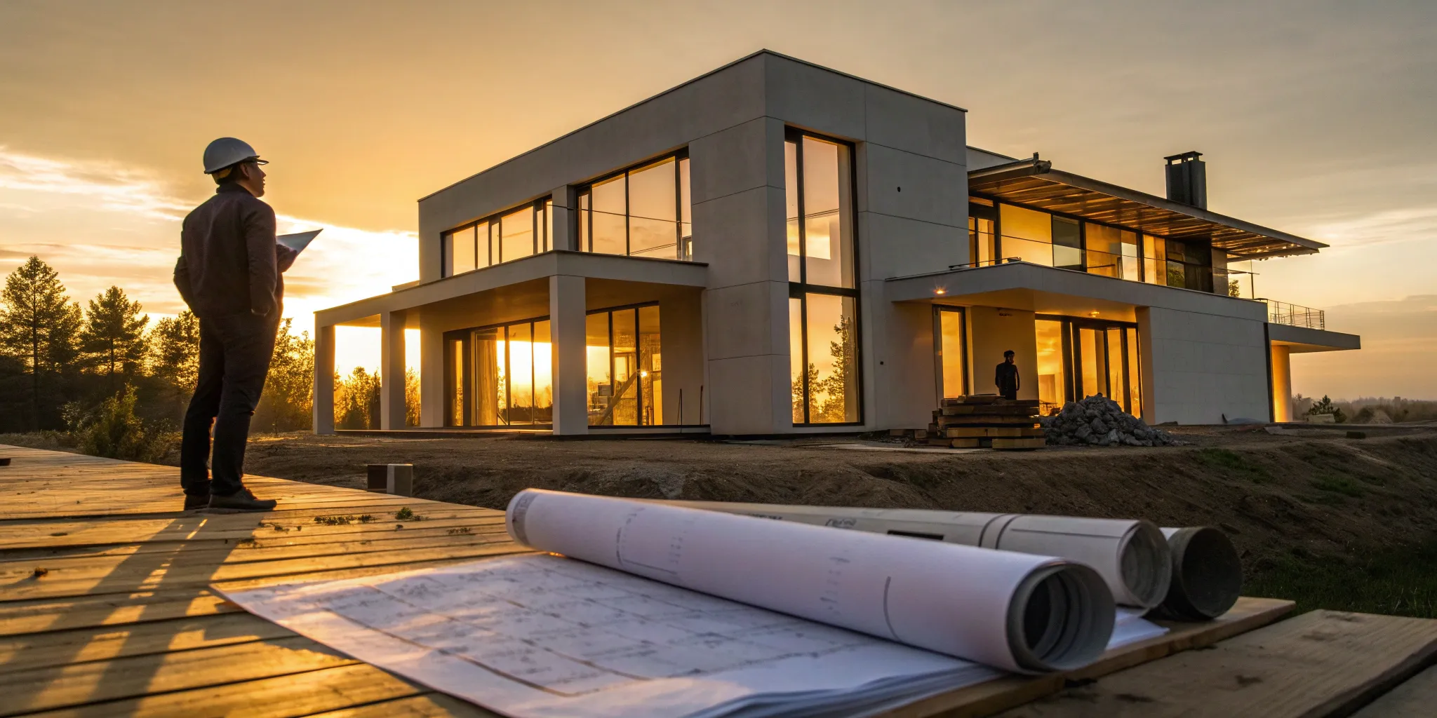 An architect reviews custom home design plans on the construction site.