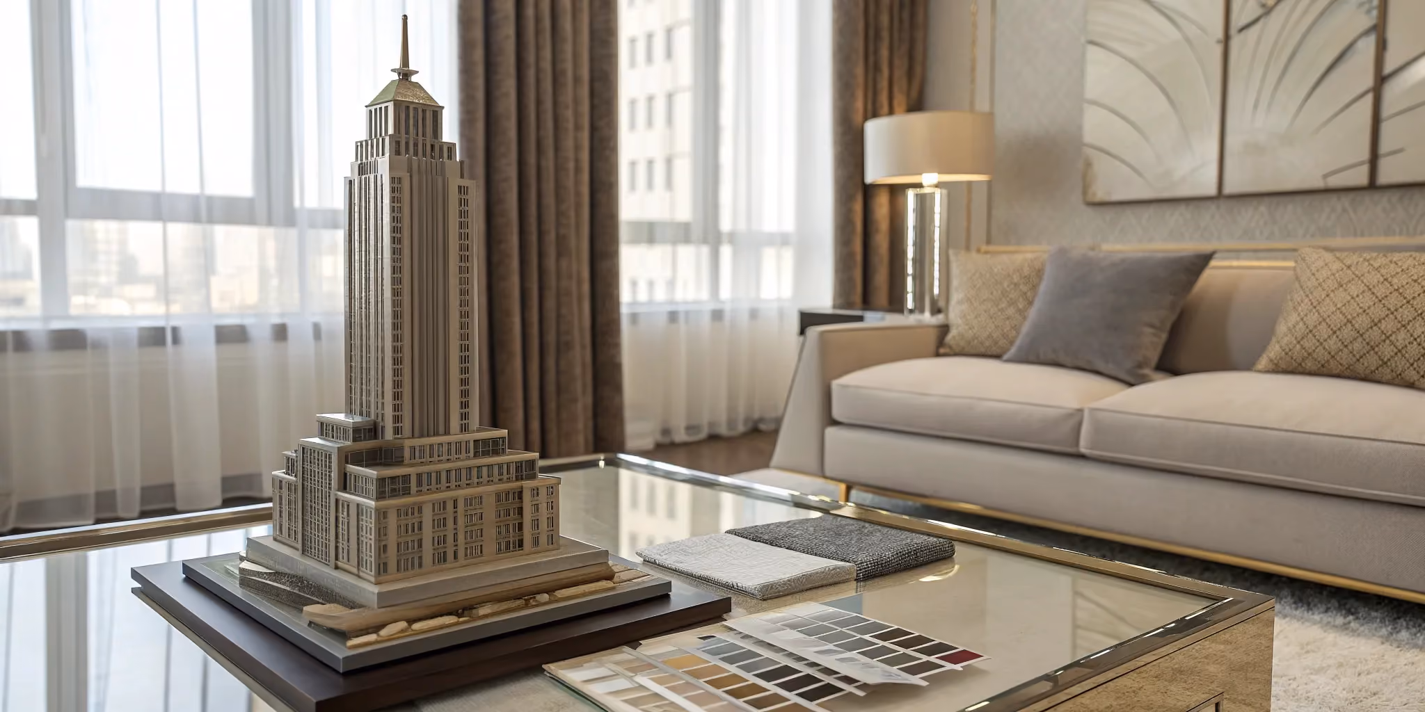 Architectural interior design model and material samples for a structural renovation project.