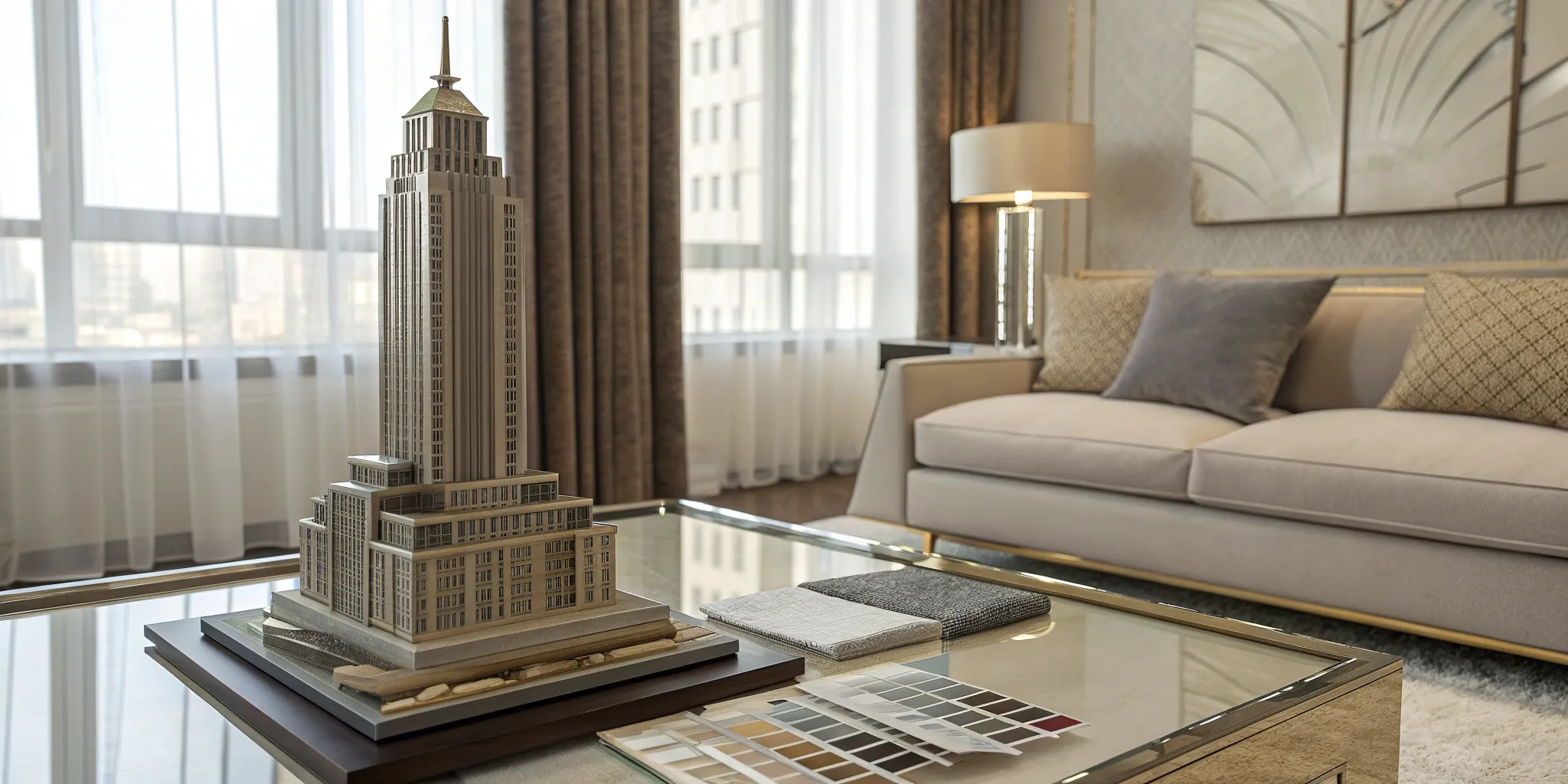 Architectural interior design model and material samples for a structural renovation project.