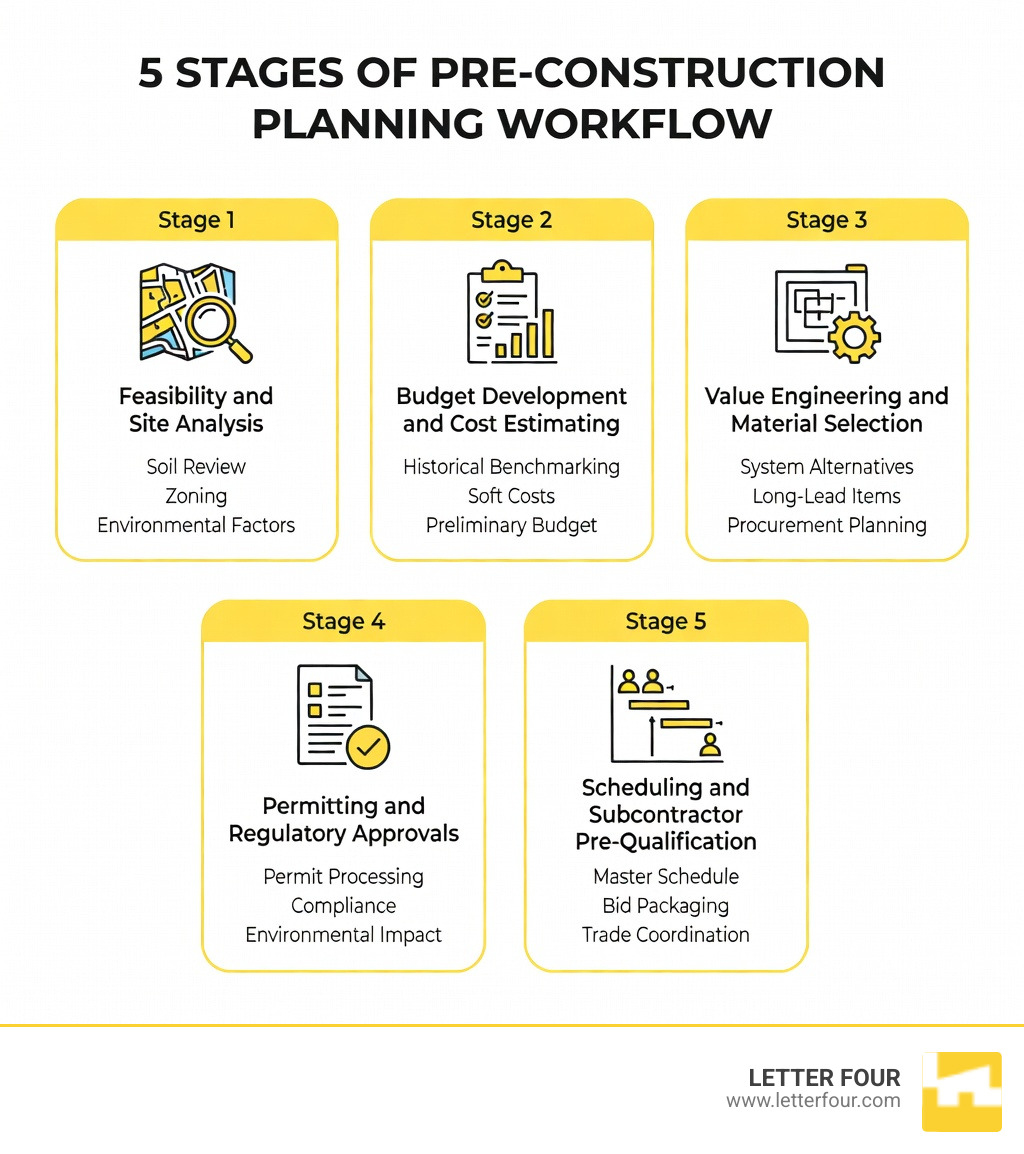 Infographic showing the 5 stages of the pre-construction planning workflow: Stage 1 - Feasibility and Site Analysis (soil review, zoning, environmental factors); Stage 2 - Budget Development and Cost Estimating (historical benchmarking, soft costs, preliminary budget); Stage 3 - Value Engineering and Material Selection (system alternatives, long-lead items, procurement planning); Stage 4 - Permitting and Regulatory Approvals (permit processing, compliance, environmental impact); Stage 5 - Scheduling and Subcontractor Pre-Qualification (master schedule, bid packaging, trade coordination) - pre-construction planning services infographic 