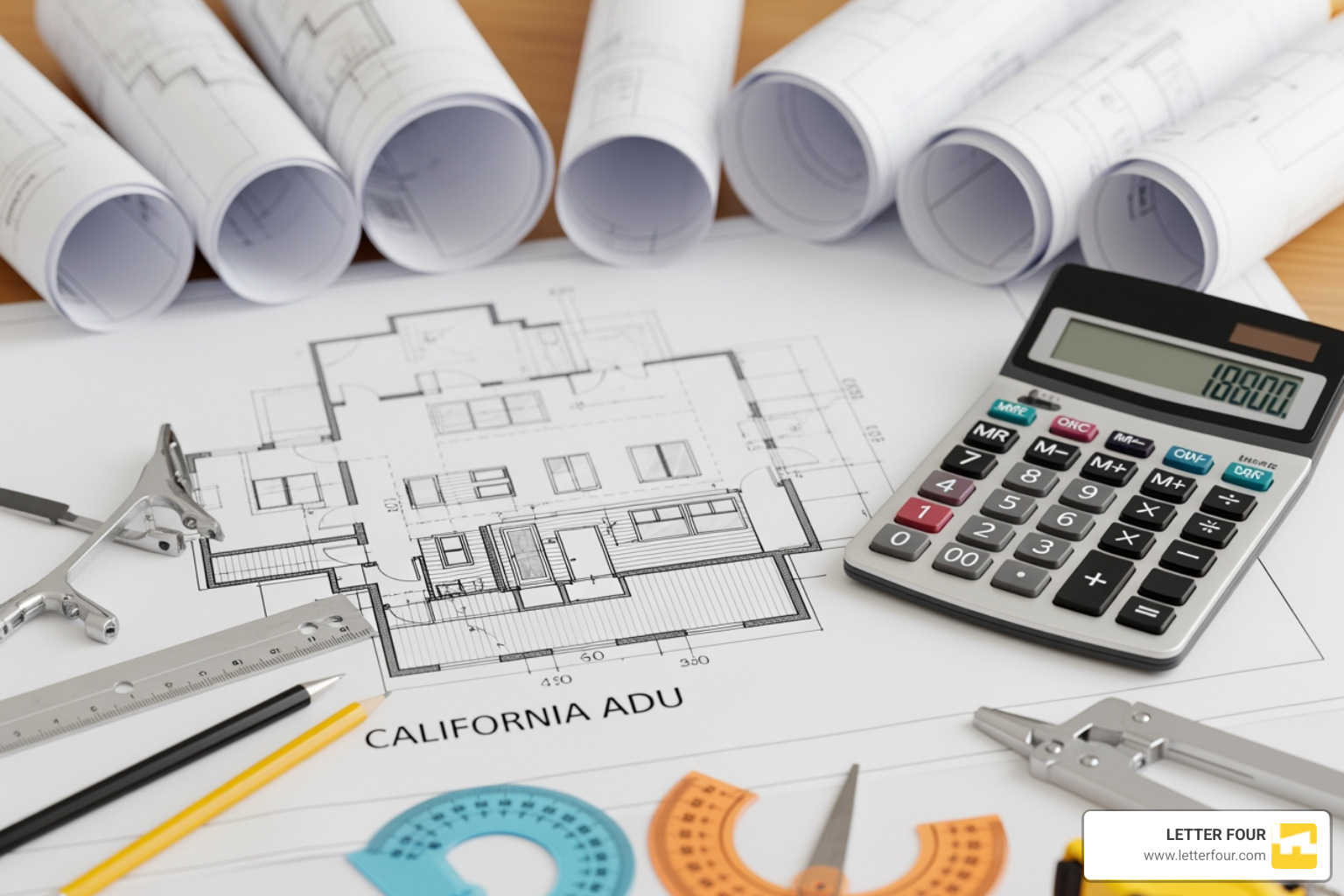 Architectural blueprints for a California ADU with a calculator showing tax estimates - ADU property tax California