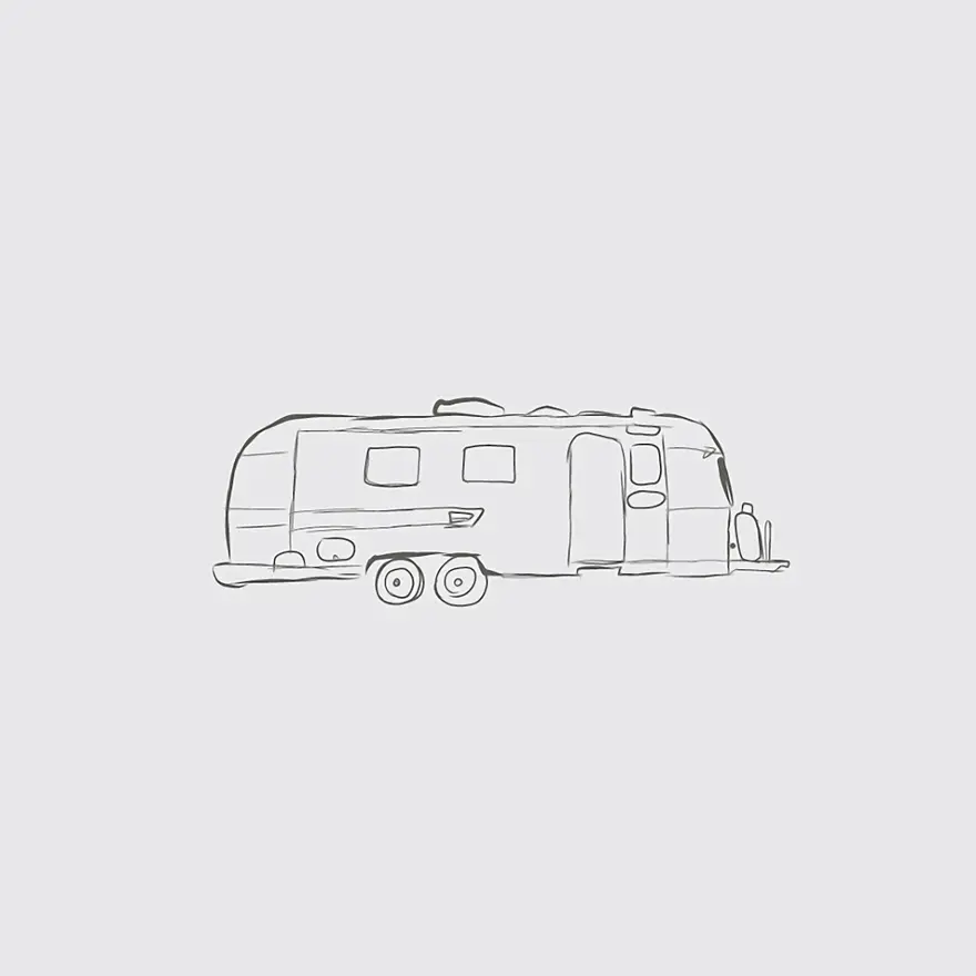 Simple line drawing of a travel trailer with two wheels and two windows on the side.