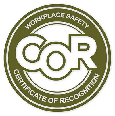 Green circular badge with CoR acronym and text Workplace Safety Certificate of Recognition.