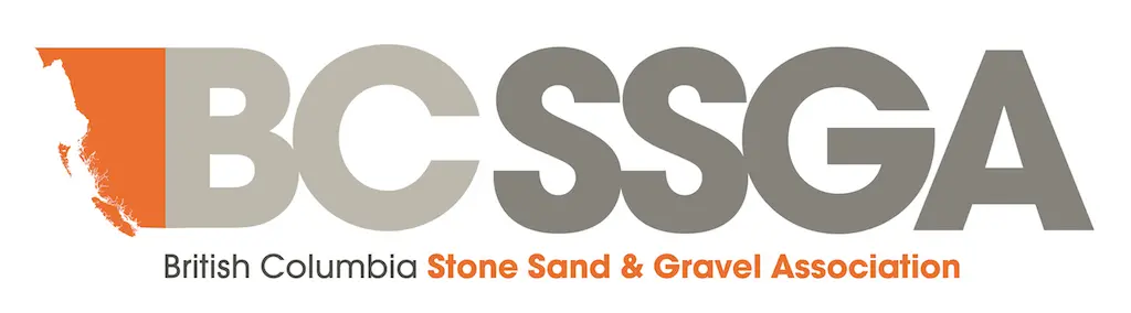 Logo of British Columbia Stone Sand and Gravel Association with BC map silhouette in orange.