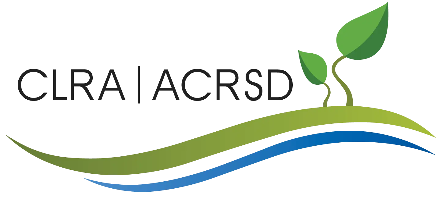 CLRA ICRSD text with green plant sprouts and blue and green wave lines below.