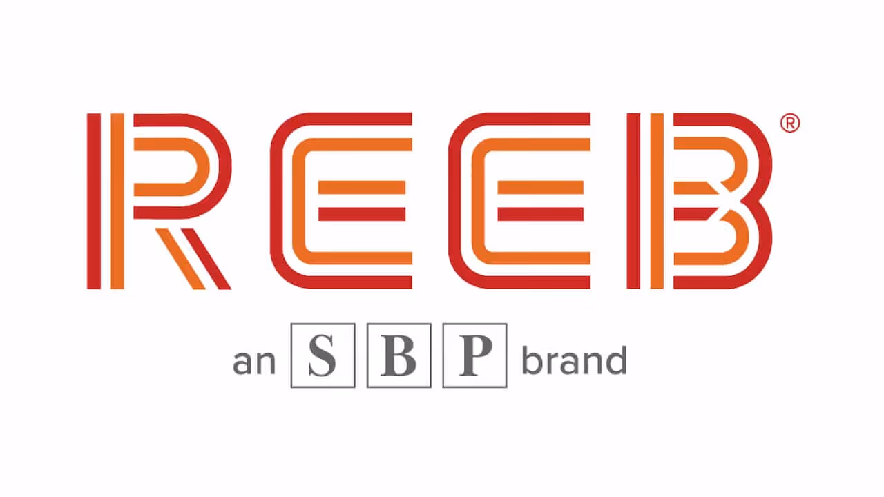 REEB logo with stylized red and orange letters and the text 'an SBP brand' below.