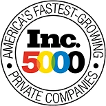 Badge with 'Inc. 5000' in bold letters colored black, red, orange, yellow, blue, and green, encircled by the text 'America's Fastest-Growing Private Companies'.