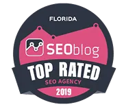 Badge with text 'Florida SEO Blog Top Rated SEO Agency 2019' featuring a magnifying glass and graph icon.