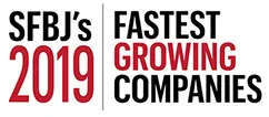 Text reading SFBJ's 2019 Fastest Growing Companies with '2019' and 'Growing' in red and other words in black.