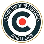 Round badge with the text 'Clutch Top 1000 Companies Global 2019' surrounding a stylized letter C with a red dot in the center.