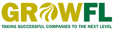 Logo with the word GROWFL, where the letter O is stylized with a leaf design, and the tagline below reads 'TAKING SUCCESSFUL COMPANIES TO THE NEXT LEVEL' in green text.