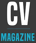 Logo showing bold white letters 'CV' above smaller blue letters 'MAGAZINE' on a dark gray background.