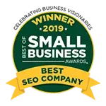 Green and yellow award badge with text: Winner 2019 Best of Small Business Awards, Best SEO Company.