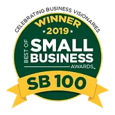 Circular award badge with text 'Winner 2019 Best of Small Business Awards SB 100' on a green background with a yellow ribbon.
