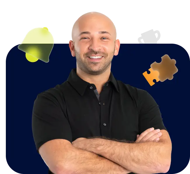 Smiling man with crossed arms surrounded by decorative icons