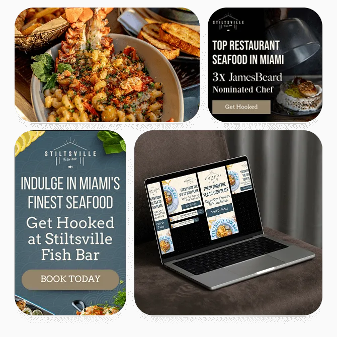 Stiltsville Fish Bar seafood marketing collage with food photo, ad headlines, and laptop mockup