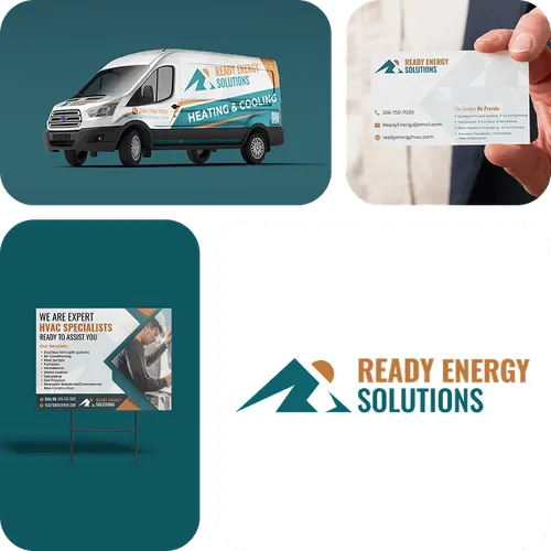 Collage of Ready Energy Solutions branding with a service van, documents, and company logo