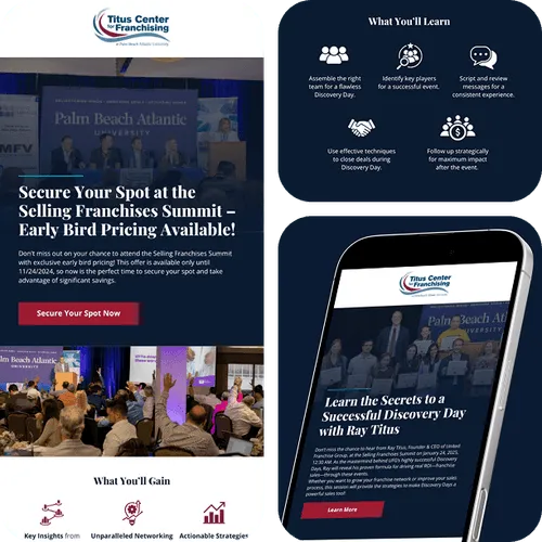 Mobile website mockups for Titus Center Franchising showing a Selling Franchises Summit event page