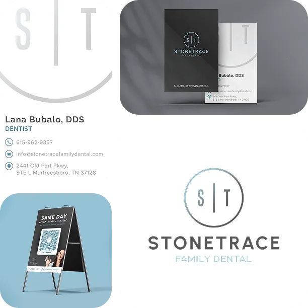 Stonetrace branding collage with product photos, mobile mockup, and company logo