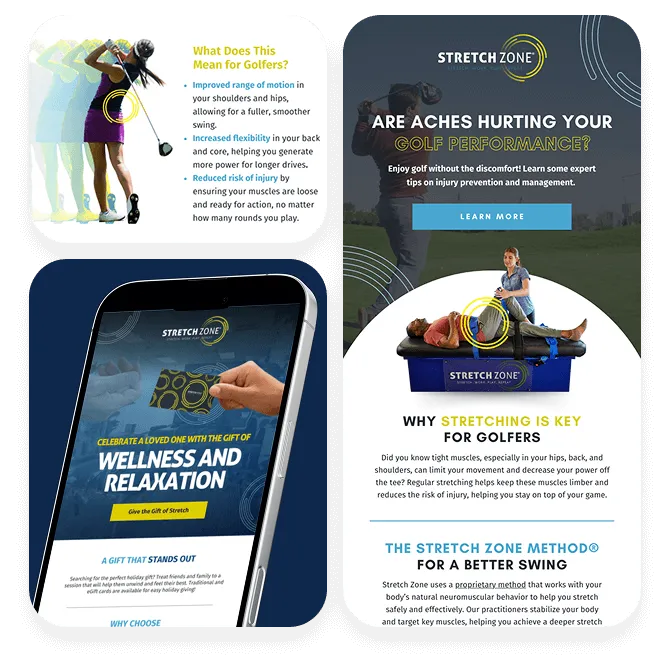 Stretch Zone marketing collage about golf performance stretching with mobile website mockups