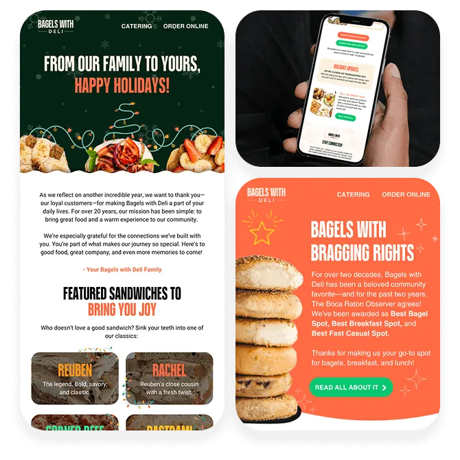Bagel shop marketing collage with holiday email design and Bagels with Bragging Rights promotion mockups