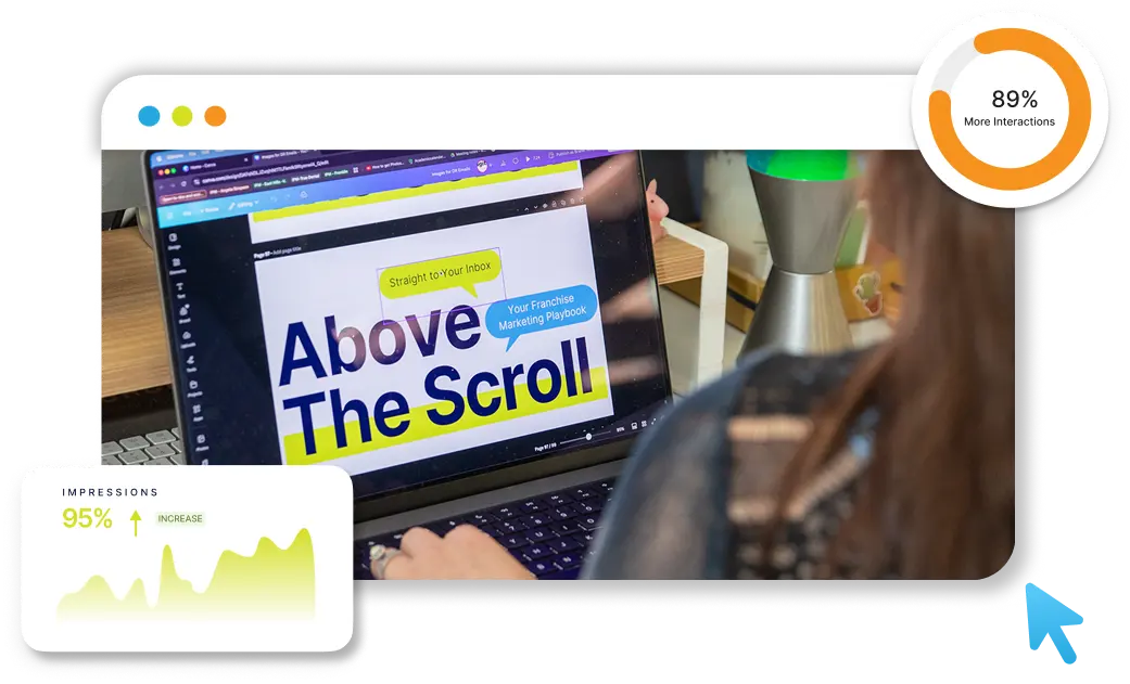Laptop screen showing an Above The Scroll marketing headline with stats on impressions and interactions increase