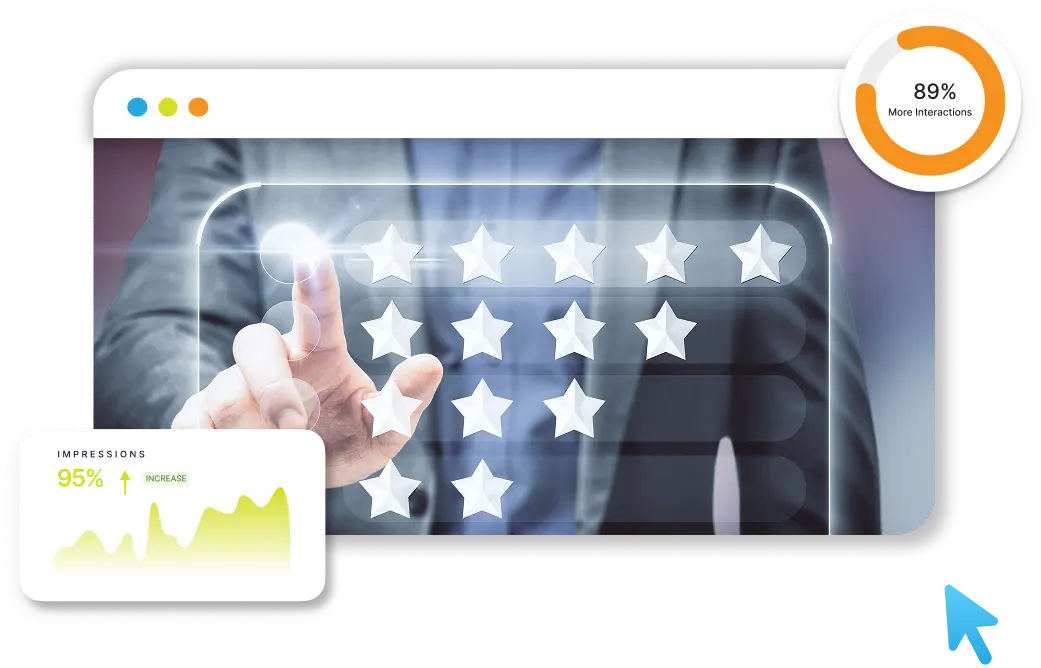 Finger tapping a five-star rating with a small growth chart graphic