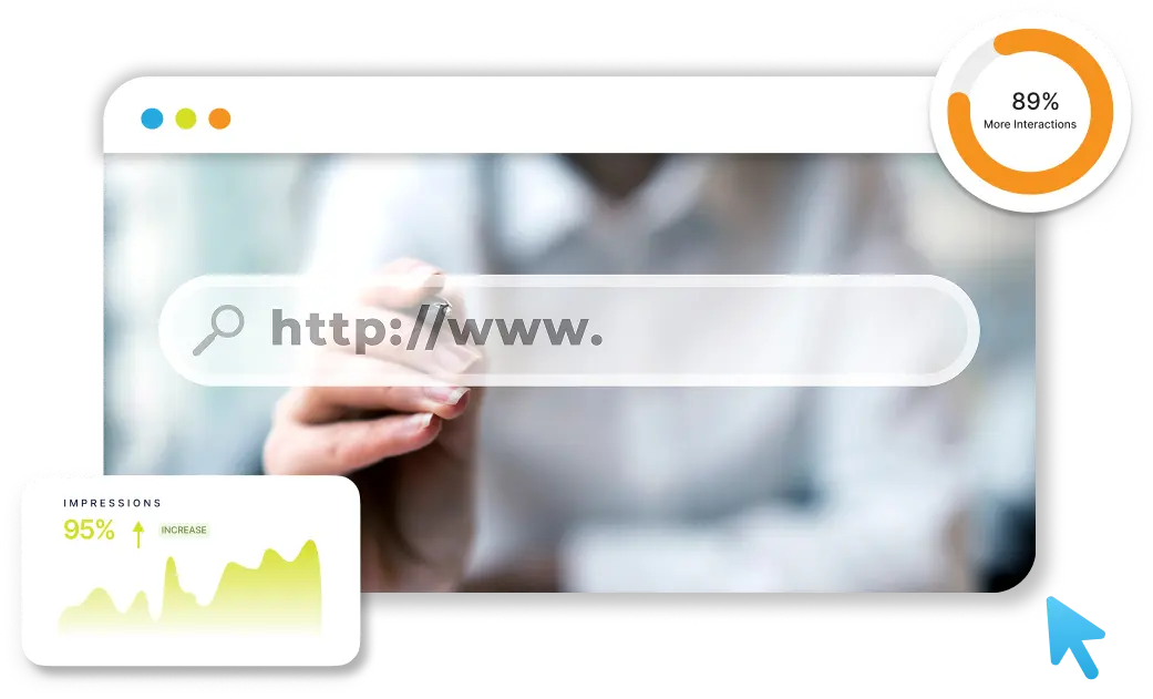 Hand typing a website URL with a growth chart graphic overlay