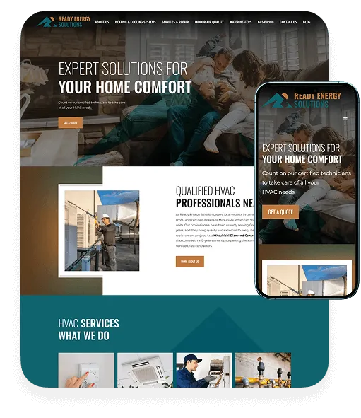 Ready Energy Solutions HVAC website mockup with the headline Expert Solutions For Your Home Comfort