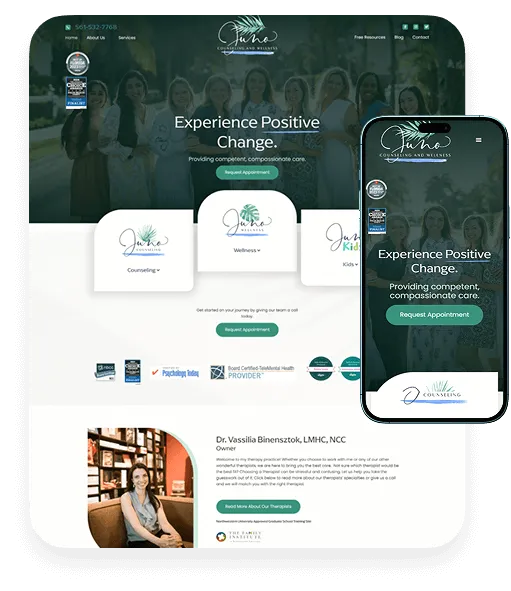 Website mockup with the headline Experience Positive Change on desktop and mobile