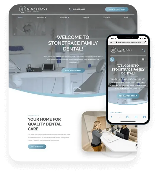 Stonetrace Family Dental website mockup with the headline Welcome to Stonetrace Family Dental