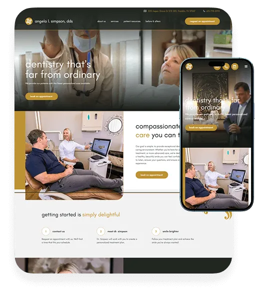 Dental practice website mockup with dentist and patient photos, tagline dentistry that's far from ordinary