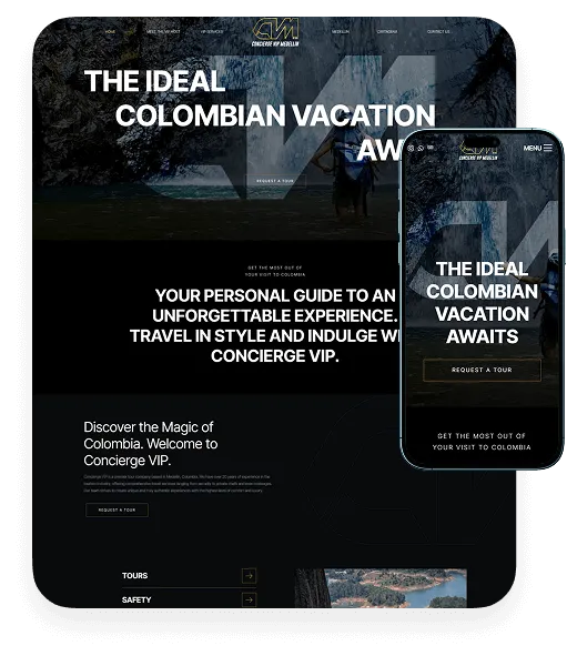 Travel concierge website mockup with the headline The Ideal Colombian Vacation Day