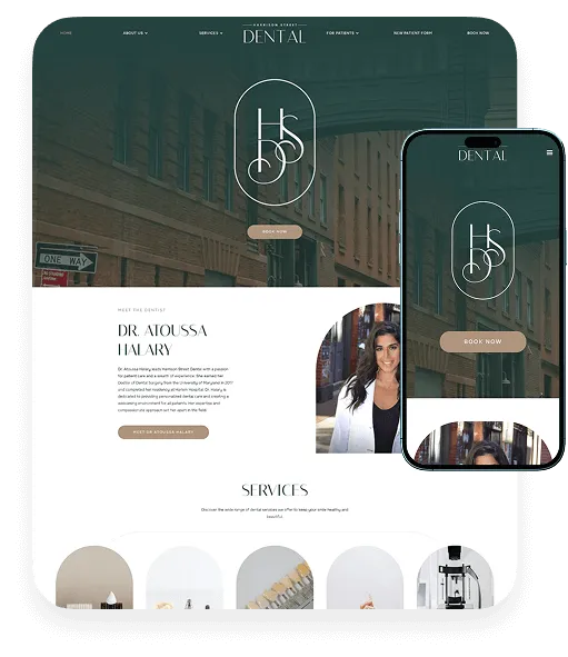 Harrison Dental website mockup on desktop and mobile with dentist photo