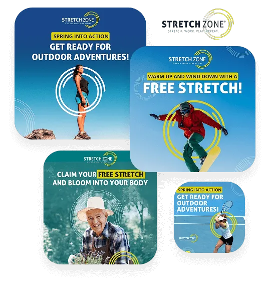 Stretch Zone social media promotional collage with people stretching outdoors