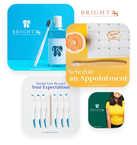 Bright28 dental marketing collage with toothbrushes and appointment scheduling graphic