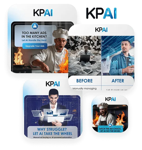 KPAi advertising collage with a chef in a kitchen fire and before-and-after imagery