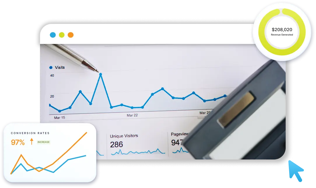 Smartphone displaying an upward growth chart with statistics overlay