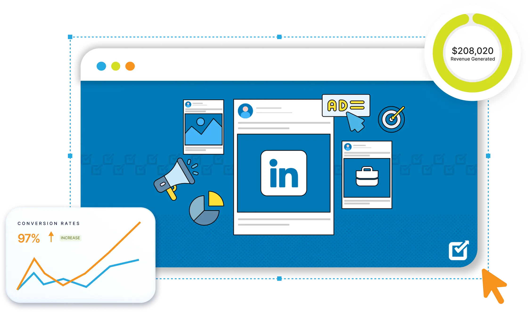 LinkedIn app screens with a performance chart graphic