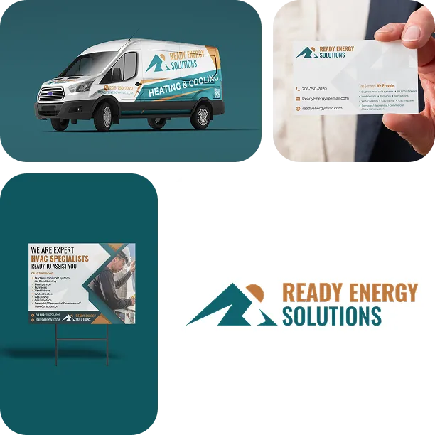 Ready Energy Solutions marketing collage with service van, website mockup, and logo